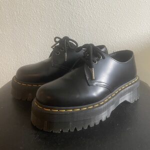 Dr. Martens Black Leather Lace-Up Platform Shoe with Yellow Stitching